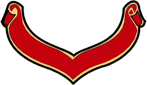The image shows a red shield with two crossed swords on it against a black background.