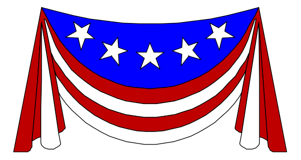 The image shows a graphic representation of an American flag with stars on it hanging from curtain rings against a dark background.