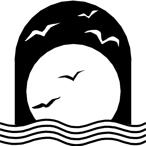 The black and white illustration features a stylized sun with birds flying around it on either side of an ocean wave motif at its base; there is no text present in this image.