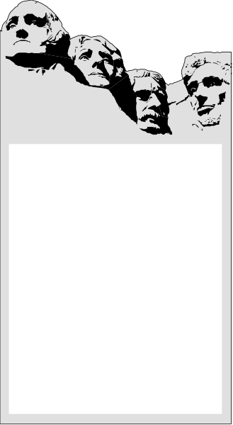 The image shows a black and white photograph of four busts representing Ulysses S Grant, Abraham Lincoln, Theodore Roosevelt, and George Washington on Mount Rushmore with an overlaid blank space for writing at bottom right corner.