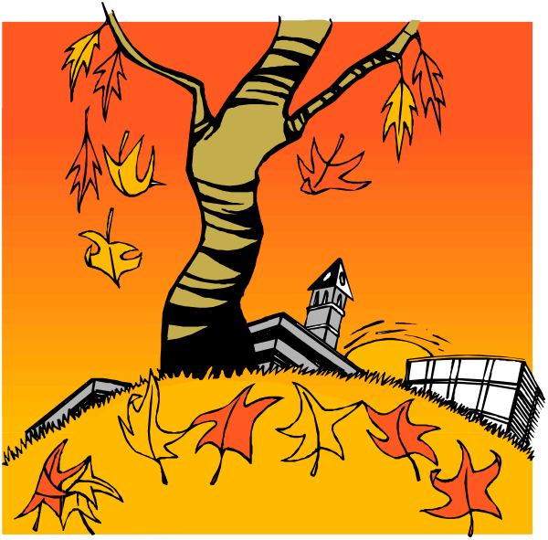 The comic strip shows a tree with autumn leaves falling on two panels: In panel 1, there is no text; in panel 2, it reads "A school building stands alone." Both scenes depict an orange sky and yellow fallen leaves around the base of the tree. There are also some red maple-like trees visible behind the main one with autumn foliage. The style appears to be a simple line drawing without shading or coloring beyond what is described above, giving it a cartoonish appearance.