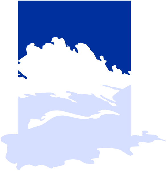 The image shows two different views of a map with land masses depicted on it against contrasting backgrounds: blue for water bodies and white for landmasses; one view is from above while another appears to be an inset showing more detail, possibly indicating geographical features or regions within the main map.