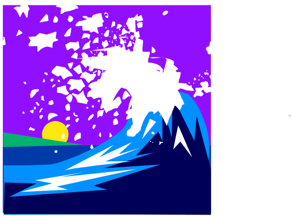 The image shows a collage of two pictures with different scenes: on top is an abstract splash effect that resembles water droplets; below it is another picture depicting waves crashing against rocks, and in front there's a small island or landmass under the sky at sunset.