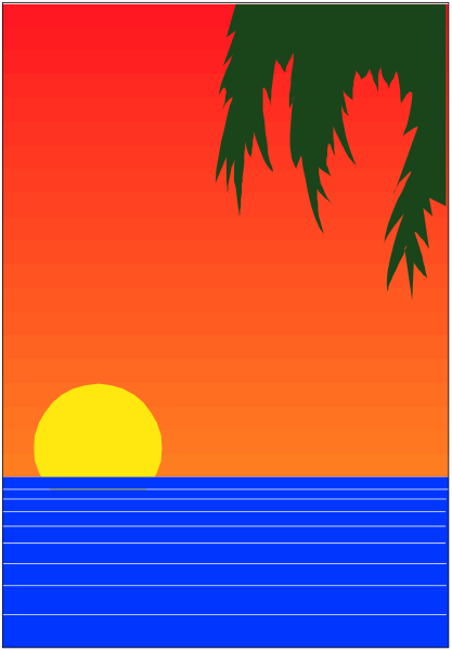 The image shows a sunset with palm trees on either side of an orange sky over water, featuring silhouettes against vibrant hues that represent tropical scenery.