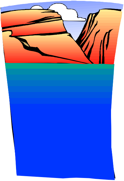 The image shows a colorful illustration of an underwater scene with vibrant reds for mountains and blues representing water, set against what appears to be a desert landscape above ground level in shades of orange-reddish brown.
