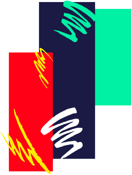 The image shows a pixelated representation of an abstract design with geometric shapes resembling blocks that have been rotated to create depth in shades of red, blue, green, yellow, pink, black, white and gray on a dark background.