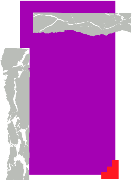 The image shows a purple rectangle with an open door on its left side against a gray background that resembles water to the right of it.
