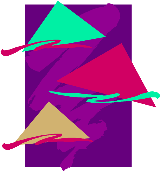 The image shows a colorful abstract design with geometric shapes resembling triangles of different sizes against a purple background; it appears to be an artistic representation rather than depicting any specific objects or subjects in reality.