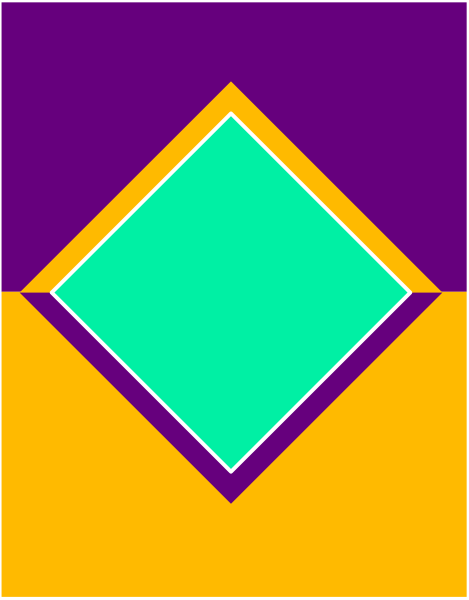 The image shows a stylized graphic with geometric shapes: there's an orange diamond shape on top of two purple rectangles that form another rectangle in yellow-orange hues; within this central figure, there is also a smaller blue square and triangle pattern inside it.
