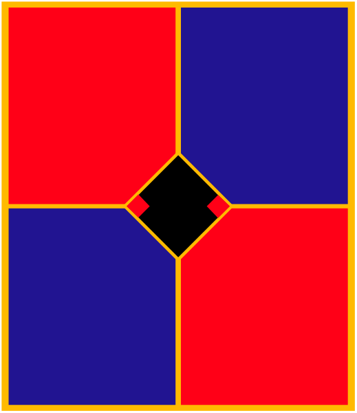 The image shows a stylized graphic of four squares arranged around an empty center square with lines connecting them; each corner has one red quadrant connected to another blue quadrant by two black diagonal lines forming a diamond shape, and there is no text present in this clip-art style illustration.