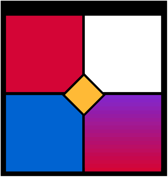 The image shows a Rubik's Cube with each face featuring different colored squares: red on top left, blue in center right, white at bottom left, yellow at top right, green at bottom right, and purple at center front.