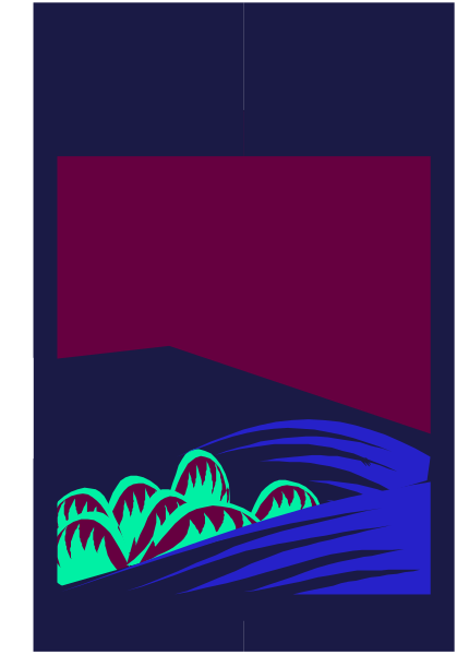 The image shows a stylized depiction of an abstract landscape with mountains on either side under what appears to be a dark sky at nighttime; in between these two mountain ranges is a body of water that reflects some light, possibly from stars above it.