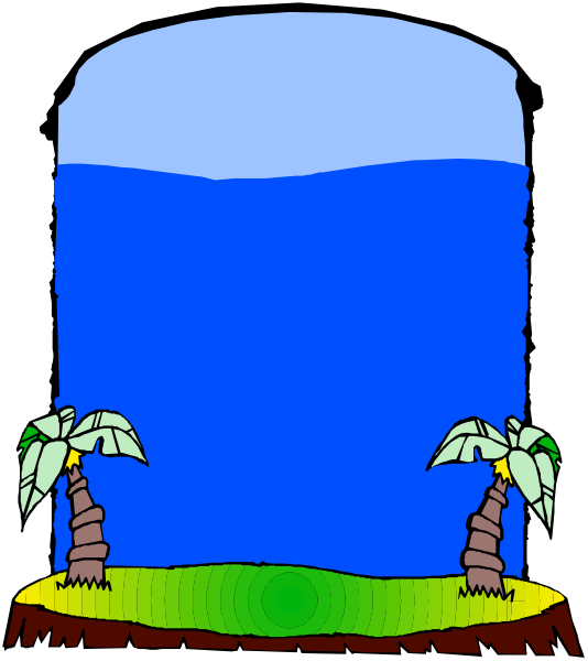 The image shows a cartoon depiction of an underwater scene with two palm trees on either side atop what appears to be land in water, set against a blue background that represents ocean depths above them.