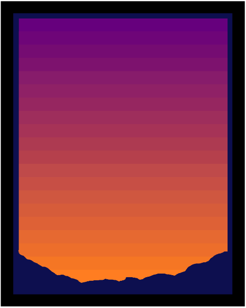 The picture shows a window with an orange sunset outside it against purple sky backgrounds on either side of the frame.