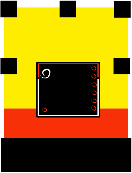 The image shows a pixelated representation of an open book with pages visible on both sides against a red background at the bottom right corner.