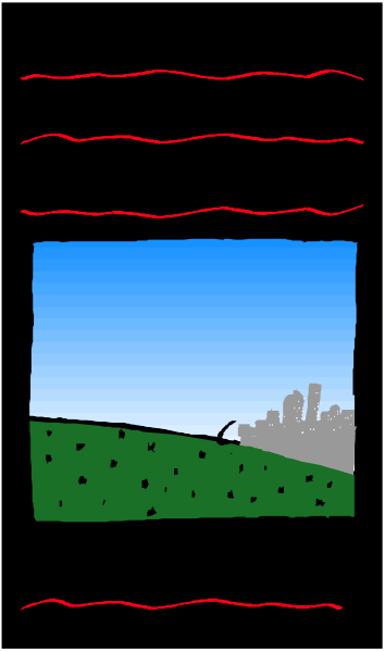 The image shows a window with an outside view of green fields under a blue sky during daylight hours; there is no visible activity in this still frame.