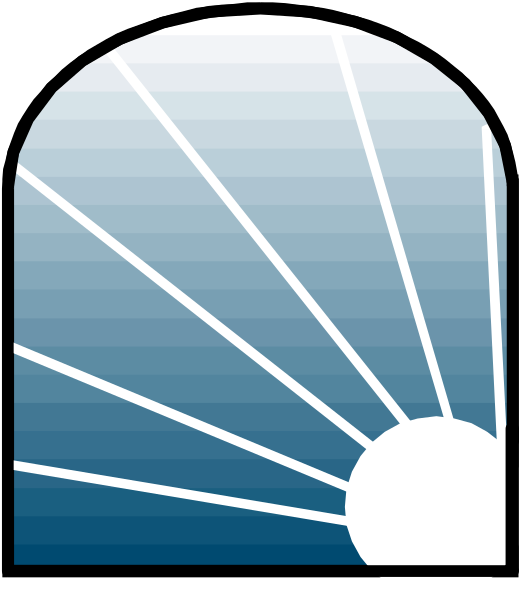 The image shows a stylized graphic of an arch with rays emanating from it against a blue background that resembles water.