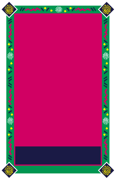The image shows a stylized representation of an open book with colorful pages inside it against a dark background that has decorative borders at its edges.