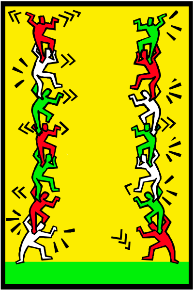 The image shows a colorful illustration of multiple figures climbing up an abstract structure with various patterns on it; there is no text present in this clip-art piece.