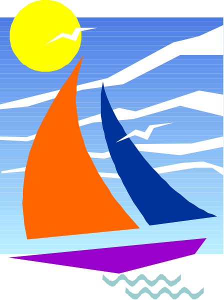 The image shows a stylized depiction of two sailboats on water with sails down under what appears to be an evening sky; there is no sun in view but rather just clouds that suggest it might have been setting earlier, and one boat has red trim while the other blue-trimmed.