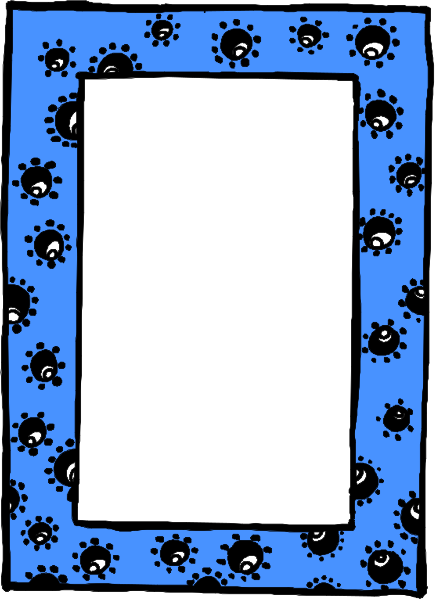 The image shows a blue square with white polka dots on each corner containing black paw prints inside them. Inside this patterned border is an empty rectangle where text would typically be placed; however, there's no visible writing in it at present.