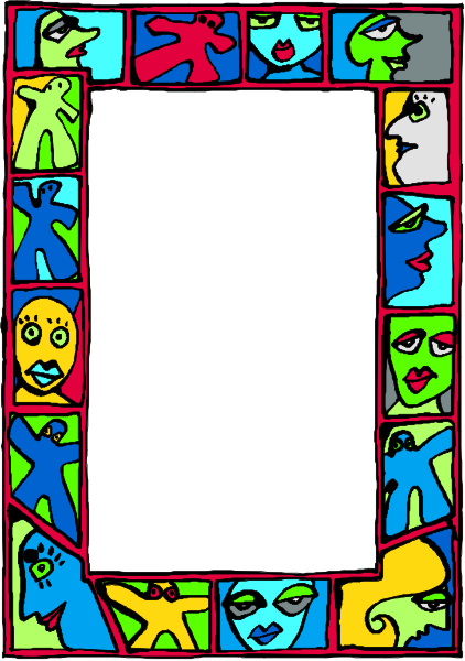 The image shows a colorful tile with various cartoon faces drawn on it against different backgrounds; there is no text present in this clip-art illustration.