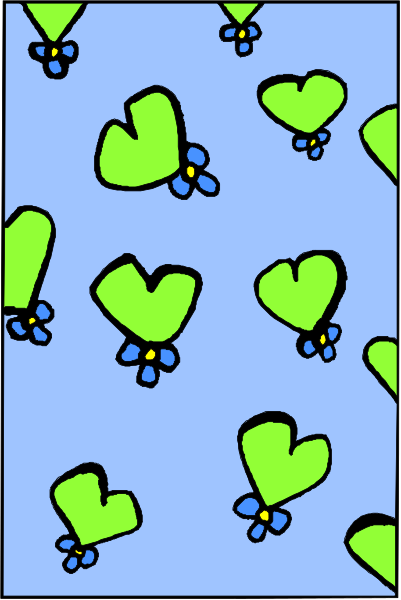 The image shows a pattern of green hearts on blue background with white flowers scattered throughout.