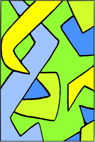 The image shows a colorful abstract design with various shapes that resemble puzzle pieces forming an intricate pattern against different backgrounds of blue and green.