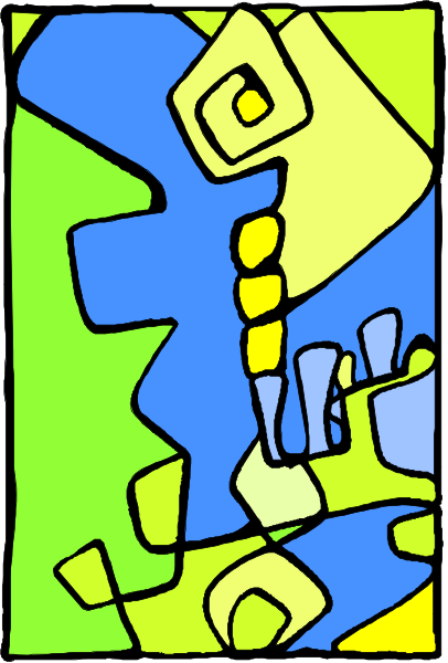 The image shows a colorful abstract design with various shapes that resemble buildings against an aqua background on what appears to be a smartphone screen displaying this artwork.