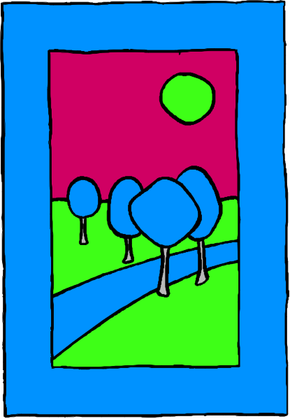 The image shows a colorful illustration of trees with blue leaves on green stems against an orange sky background that has pink clouds at sunset.