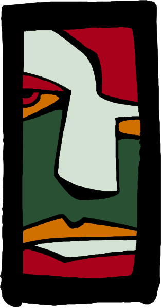 The image shows a stylized face with exaggerated features within an abstract frame that resembles a window pane.