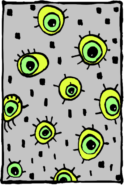 The image shows a gray background with several green eyes of varying sizes scattered across it.