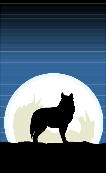 The image shows a wolf silhouette standing on its hind legs under a full moon at night with trees visible behind it in front of an open door frame that is part of another picture within this one.