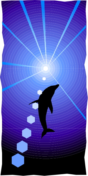 The image shows a dolphin swimming through an underwater tunnel with blue lights illuminating it from above.