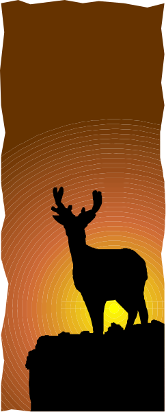 The image shows a silhouette of an animal with antlers against a sunset background on what appears to be a cardboard cutout placed in front of it by someone standing behind it.