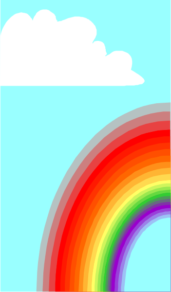 The image shows a stylized depiction of an overcast sky with rainbow light rays emanating from behind it on one side; there is also a small white cloud in the upper left corner, and below that, what appears to be a simplistic representation of grass or ground surface.
