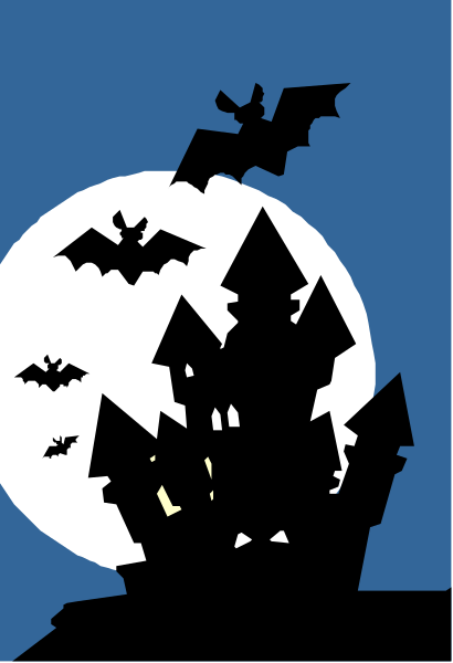 The image shows a Halloween scene with silhouettes of bats flying around an illuminated castle at night under a full moon against a dark sky background.