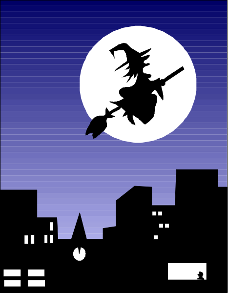 The image shows a night scene with an animated witch flying on her broomstick over silhouetted buildings under a full moon against a dark sky background.