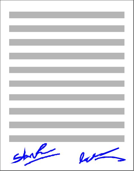The image shows a black and white document with text that appears to be handwritten on it; there is also an autograph at the bottom right corner of the paper in blue ink.