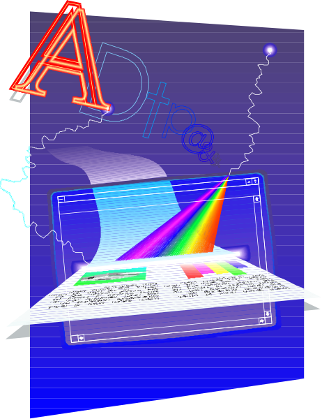 The image shows a computer screen with rainbow light effects on it against an abstract background that includes letters like "A" in different fonts and sizes.