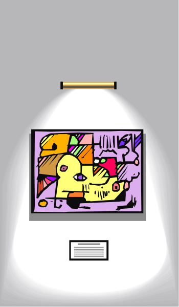The image shows a dimly lit room with an illuminated spotlight on it shining down from above onto what appears to be a framed picture hanging in front of two walls that have different patterns; one wall has vertical stripes and the other is textured, possibly indicating some form of art or decoration.
