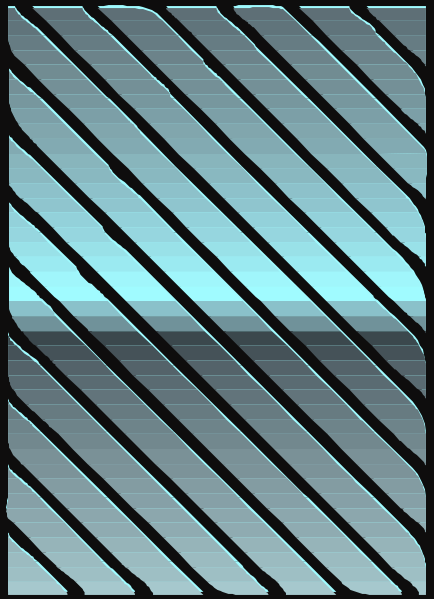 The image shows a closeup of an abstract design with vertical lines that create patterns resembling blinds over what appears to be a window view from inside looking out at blue sky through slats.