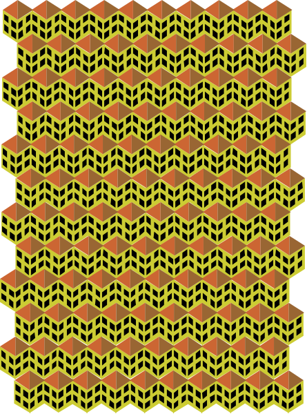 The image shows a pattern of red squares with yellow triangles inside them arranged on a gray background within what appears to be an abstract design resembling a tessellation.