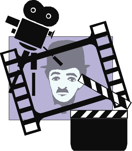 The image features a black and white film clapperboard with an actor's head on it, surrounded by various movie-related items such as reels of film tape, a camera lens, and other cinema paraphernalia.