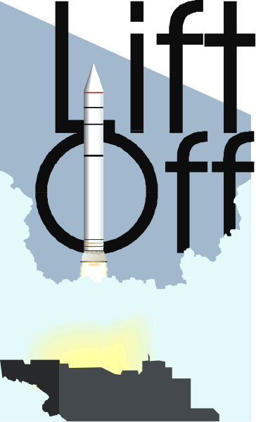 The image shows a graphic with text that reads "LIFT OFF" at the top right corner against an illustration of a rocket launching into space from what appears to be Cape Canaveral in Florida, USA.