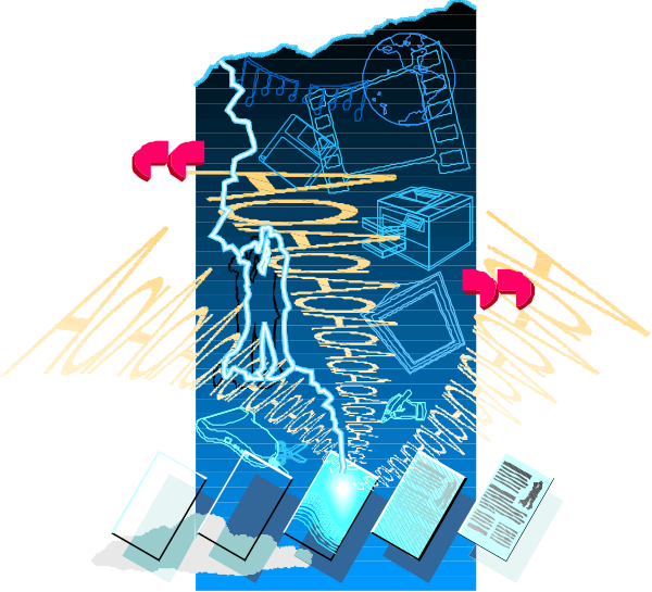 The image shows a digital collage with various items such as books, papers, an office chair, computer monitors displaying text like "AI" and "ANALYSIS," along with other abstract elements that suggest technology and data analysis themes.