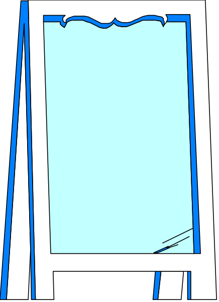 The image shows a cartoon of an open window with blue curtains inside it against a gray background.