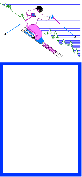 The image shows a pixelated representation of an animated character skiing downhill on what appears to be a snowy slope with trees in the background; below this scene is text that reads "SKIING" followed by three lines, each containing different types and sizes of skis: two pairs labeled as 'Ski' at various positions along the bottom edge.