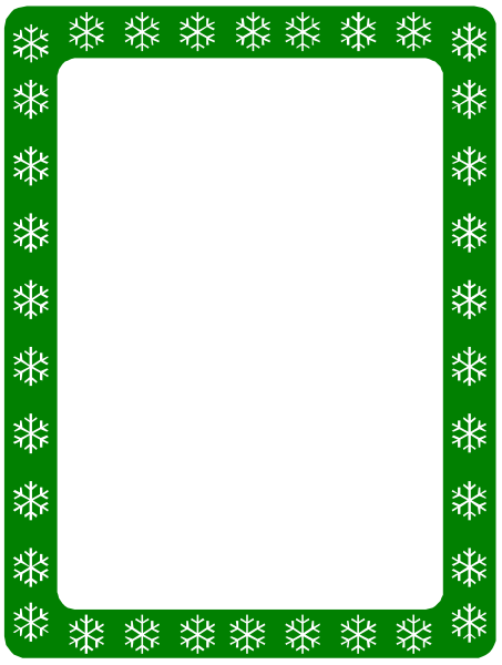 The image shows a green card with white snowflakes around its border inside what appears to be an envelope-shaped frame on top of it.