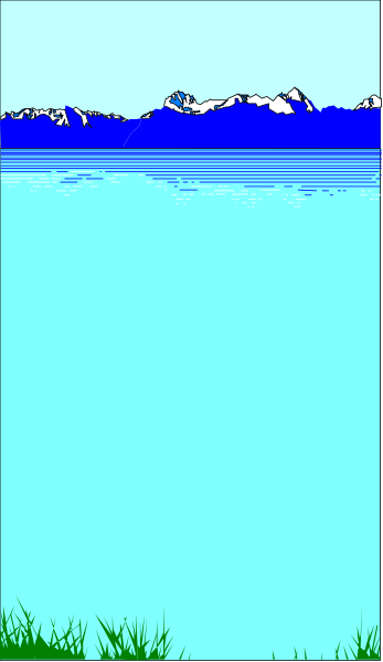 The image shows a pixelated scene of an outdoor landscape with water at its center, flanked by mountains on both sides under what appears to be clear skies; there is no text present in this small clip-art piece.